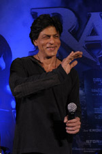 Shah Rukh Khan promotes his upcoming film Ra-One at the Shivaji Stadium station of Metro Airport Expressline in New Delhi on Wednesday