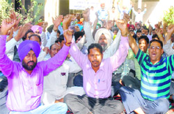Members of the Panchayat Seceratary/Gram Sewak Union hold a protest outside the Zila Parishad office in Jalandhar on Wednesday