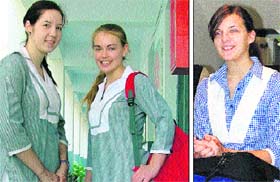 (Left) Foreign students Eline Bondevik, Judita Svelnyte and Aura Leimontaite, who have come under an exchange programme, all smiles in Ludhiana