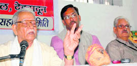 Nityanand, social worker and RSS ideologue, speaks at a seminar on natural disasters in Dehradun on Thursday.
