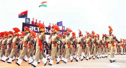 Border Security Force soldiers take part in the passing-out parade in Humhama on the outskirts of Srinagar on Thursday.