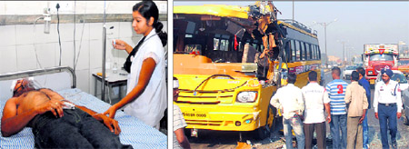 Sarabjot Singh, a bus conductor of the CT Group of Educational Institutes, undergoes treatment at a hospital; and (right) the mangled remains of the bus that met with an accident in Jalandhar