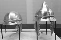 Helmets displayed at the Museum of Science and Industry in Paris, as part of the exhibition about the Gauls, entitled "Gaulois : une expo renversante" (Gauls, an Astounding Exhibit").