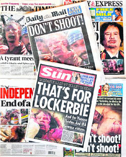 Breaking news: A snapshot of some British dailies announcing the death of Libyan dictator. 