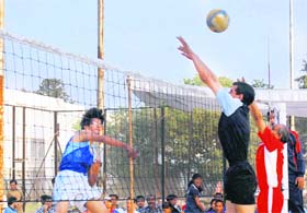 A match under way in the District Volleyball Tournament in Dehradun on Saturday