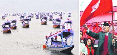 Shikaras participate in the Lalit Shikarathon on the Dal Lake in Srinagar on Saturday; and (right) Governor NN Vohra flags off the event