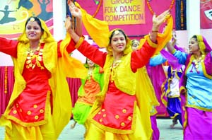 Students perform bhangra at the Sahodya competition in CT Public School in Jalandhar. Tribune Photo : Malkiat Singh