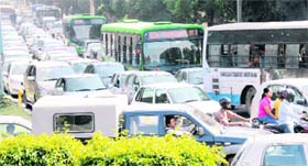 A massive traffic jam on the roundabout of Sectors 18, 19, 20 and 21 in Chandigarh on Monday