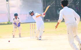 A batsman plays a shot during the 2nd St Stephens Junior (U-12) Cricket Championship in Chandigarh on Monday