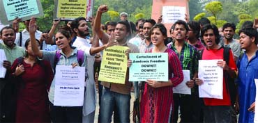 DU students demonstrate against the VC over the exclusion of AK Ramanujan's essay from the course in New Delhi on Monday.