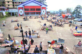 Cracker stalls have been set up at the ice-skating rink in Shimla on Monday.
