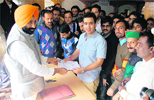 Vikramaditya, son of Union Minister Virbhadra Singh, files his nomination papers for the Youth Congress poll at the Congress office in Shimla on Monday. 