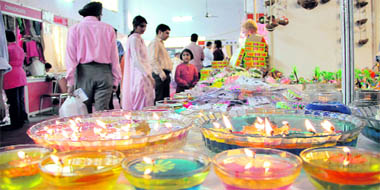 Floating diyas put up at a stall during Apex Trade Fair in Desh Bhagat Yadgaar Hall in Jalandhar.