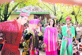 A scene from a Bhand Pather play staged at Shaatwari Nagri in Kupwara on Monday
