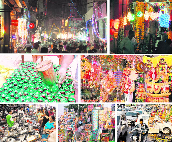 Bijli Market teeming with shoppers as they make purchases; Colourful lights hang outside a shop in the market; Decorative items put on display at a shop; A traffic jam at Ghumar Mandi as shoppers throng the marketplace; Firecrackers stacked at a stall in Dana Mandi; Women check out utensils on Dhanteras; and A potter colours diyaas ahead of Diwali in Ludhiana.