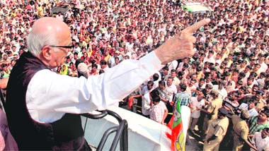 BJP leader LK Advani addresses a public meeting during his Jan Chetna Yatra at Redhakhol in Orissa on Monday