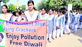 Students take out a rally to spread awareness for celebrating eco-Diwali by not bursting crackers in Patiala on Monday.