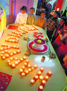 Children celebrate Diwali at Seplings School in Shimla on Tuesday