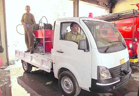 An improvised smaller three-wheel fire tender that can access congested bazaars of the city more easily