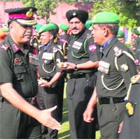 Officiating GOC of Vajra Corps Major General SK Agarwal meets Infantrymen on the occasion of the 65th Infantry Day in Jalandhar Cantt on Thursday. 