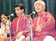 Gundecha Bandhus perform at the Brahaspati Sangeet Smaroh in Chandigarh on Friday. 