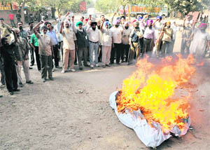 Members of the North Zone Government Transport and Technical Joint Action Committee burn an effigy of the Punjab government to mark their protest in support of their demands at the Industrial Area, Phase I, Chandigarh, on Friday. 