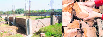 A view of the shooting range; and (right) bricks of substandard quality used for its construction at Panjab University. 