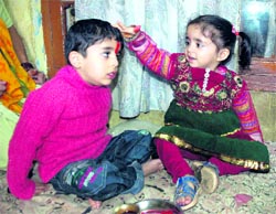 A girl applies tilak on the forehead of her brother on the occasion of Bhaiya Dooj in Shimla on Friday