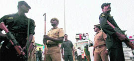 Tight security arrangements in place at senior BJP leader LK Advanis public meeting during his Jan Chetna Yatra at Thenkasi in Tamil Nadu on Friday.