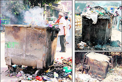 Garbage bins which were set afire in different parts, including Nawankot, near the IDH Market and near Guru Nanak Dev Hospital in Amritsar on Saturday
