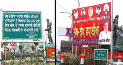 The notice of the district administration banning ads and banners at the Fauji Chowk; The defaced Fauji Chowk bearing the hoarding of the SAD constituency in-charge Sarup Singla.
