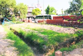 A trench dug up in a park along with illegally parked private buses in Sector 21