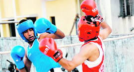 A bout under way in the Hemwati Nandan Bahuguna Garhwal University Inter-College Boxing Championship in Dehradun on Saturday. 