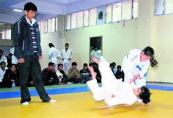 Players in action during the district PAIKA Judo championship at the Sports Complex in Shimla on Saturday
