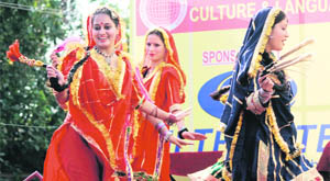 Artistes perform a Dogri dance during the inauguration of the Red Cross Mela at the Kala Kendra in Jammu on Saturday. 
