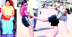 Jaspreet Kaur in wheelchair; and (right) her last grip in the playground on November 25, 2001, that crippled her.