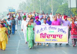 ETT teachers taking out a protest march in Bathinda on Sunday