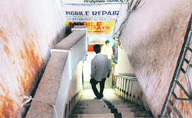 A narrow entry  to a basement 