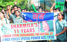 Members of Jan Jagriti Manch take out a rally in Jammu on Sunday in support of Irom Sharmilas decade-long struggle against the Armed Forces Special Powers Act.