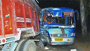 Damaged vehicles involved in the head on collission in Shahkot on Sunday. A Tribune photo