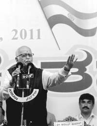 BJP leader LK Advani addresses a gathering during his Jan Chetana Yatra in Bangalore on Sunday.  PTI
