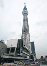 The Tokyo Sky Tree, which is under construction in downtown Tokyo, will stand 634 m (2,080 feet) high after completion, and will be the tallest stand-alone communications tower in the world.