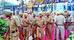 A heavy posse of policemen on duty at the stadium in Bathinda on Monday for the inaugural ceremony of the Kabaddi World Cup that begins today;