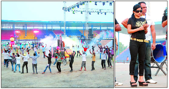 (From left) The artists engaged in rehearsal for their performance at the Kabaddi World Cup inaugural ceremony to be held at the multi-purpose sports stadium in Bathinda on Tuesday; Punjabi singer Miss Pooja has a look at the venue where she will perform.