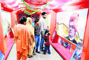 Visitors at the Vivekananda Express, a special exhibition train, in Chandigarh on Monday