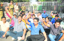 PUSU members protest at Panjab University on Monday. 