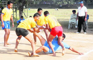 A kabaddi match in progress during the Panjab University Inter-College Kabaddi National Style (A-Division) Tournament for Men in Chandigarh on Monday. 