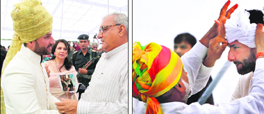 Chief Minister Bhupinder Singh Hooda with actress Sharmila Tagore and Saif Ali Khan at Tiger Pataudis chahallum ceremony at Ibrahim Palace in Pataudi on Monday; and (right) Bollywood actor Saif Ali Khan is anointed the 10th Nawab of Pataudi . 
