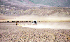 A jeep plies on the 109-km Loma-Fukche-Demchok dirt track near the LAC. In contrast, China has metalled roads right up to the border. 