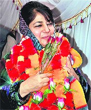 Mehbooba Mufti after her re-election as PDP chief in Srinagar on Monday.  PTI